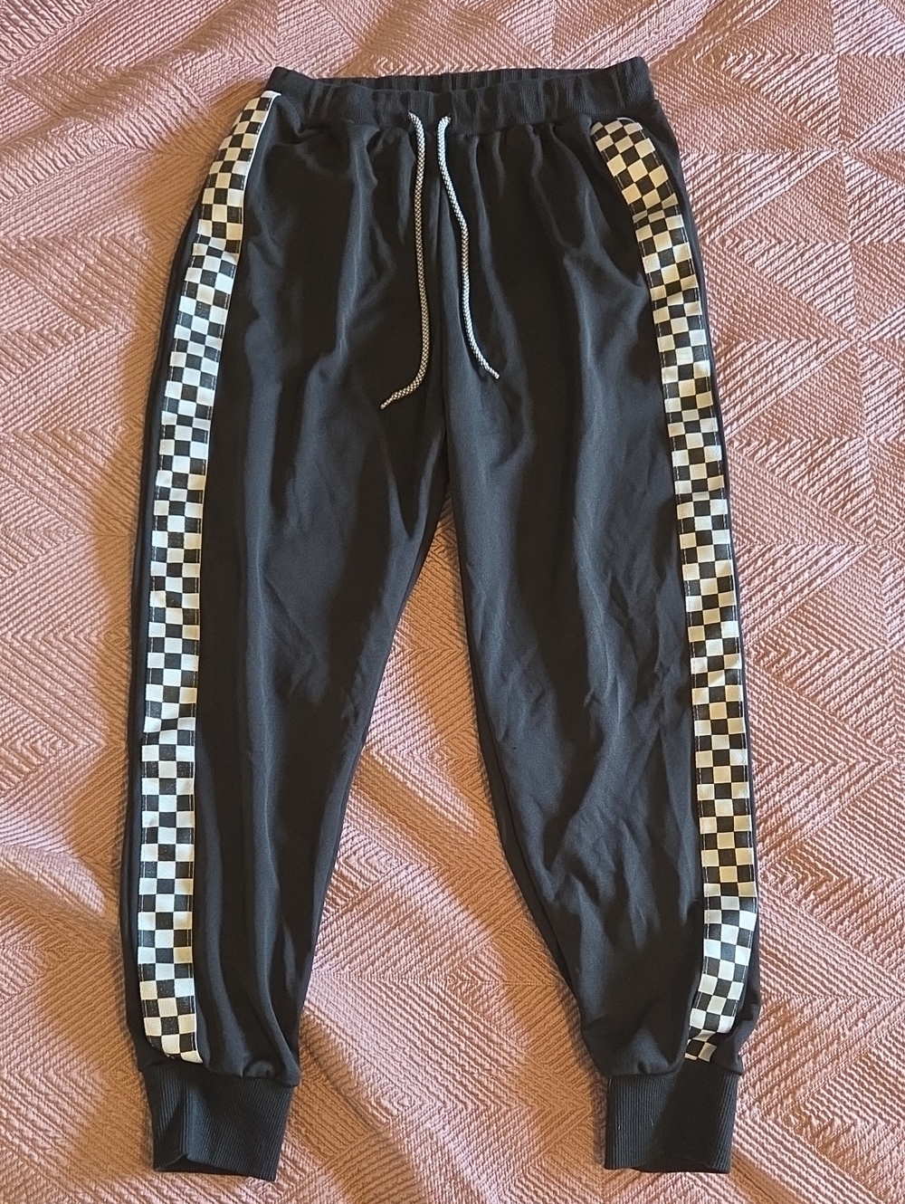 Black Womens Jogger Pants with Checkerboard Side Stripes M